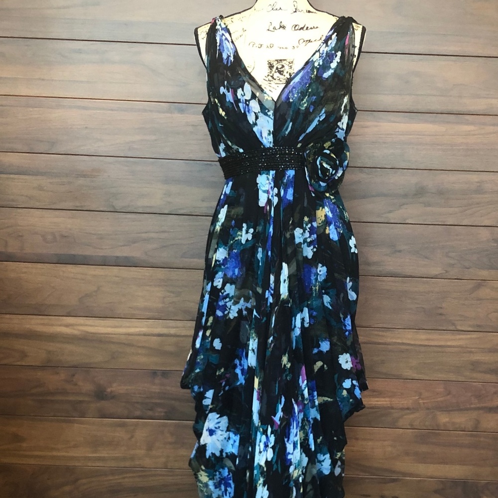 V Neck Beaded Silk Floral Blue Floor length Dress